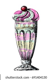 vector sketching glass with delicious ice cream