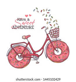 Vector sketching illustrations. Bicycle in vintage style with donuts instead of wheels. Isolated objects for your design. Each object can be changed and moved.