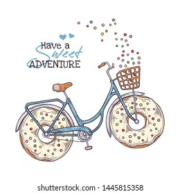 Vector sketching illustrations. Bicycle in vintage style with donuts instead of wheels. Isolated objects for your design. Each object can be changed and moved.