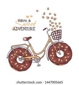 Vector sketching illustrations. Bicycle in vintage style with donuts instead of wheels. Isolated objects for your design. Each object can be changed and moved.