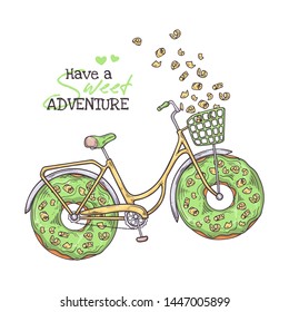 Vector sketching illustrations. Bicycle in vintage style with donuts instead of wheels. Isolated objects for your design. Each object can be changed and moved.