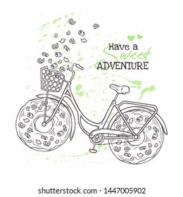 Vector sketching illustrations. Bicycle in vintage style with donuts instead of wheels. Watercolor texture on the background. Isolated objects for your design. Each object can be changed and moved.