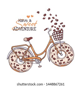 Vector sketching illustrations. Bicycle in vintage style with donuts instead of wheels. Isolated objects for your design. Each object can be changed and moved.