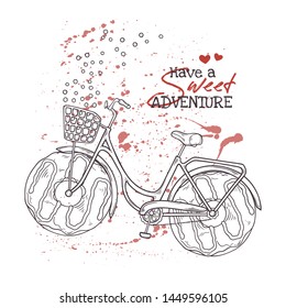 Vector sketching illustrations. Bicycle in vintage style with donuts instead of wheels. Watercolor texture on the background. Isolated objects for your design. Each object can be changed and moved.