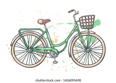 Vector sketching illustrations. Bicycle in vintage style. Watercolor texture on the background. Isolated objects for your design. Each object can be changed and moved.