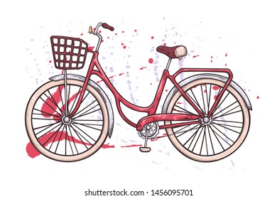 Vector sketching illustrations. Bicycle in vintage style. Watercolor texture on the background. Isolated objects for your design. Each object can be changed and moved.