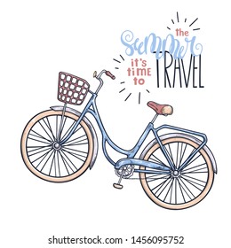 Vector sketching illustrations. Bicycle in vintage style. Lettering: the summer it is time to travel. Isolated objects for your design. Each object can be changed and moved.