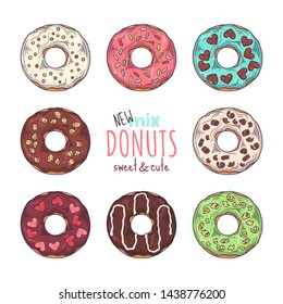 Vector sketching illustrations. Big set of different kinds of glazed donuts decorated with toppings, chocolate, nuts. Isolated objects for your design. Each object can be changed and moved.