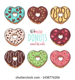 Ilustraciones de esbozo de vectores. Gran conjunto de diferentes tipos de donuts acristalados decorados con adornos, chocolate, nueces. Objetos aislados para tu diseño. Cada objeto se puede cambiar y mover.