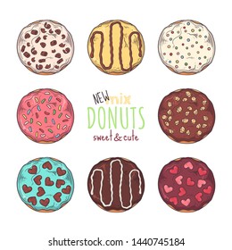Vector sketching illustrations. Big set of different kinds of glazed donuts decorated with toppings, chocolate, nuts. Isolated objects for your design. Each object can be changed and moved.