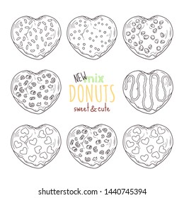 Vector sketching illustrations. Big set of different kinds of glazed donuts decorated with toppings, chocolate, nuts. Isolated objects for your design. Each object can be changed and moved.