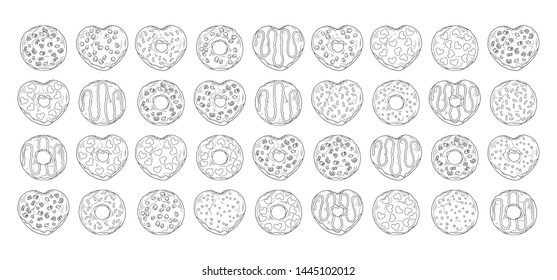 Vector sketching illustrations. Big set of different kinds of glazed donuts decorated with toppings, chocolate, nuts. Isolated objects for your design. Each object can be changed and moved.