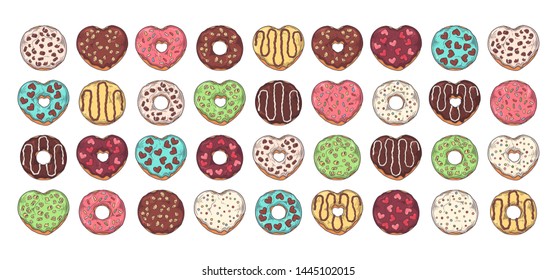 Vector sketching illustrations. Big set of different kinds of glazed donuts decorated with toppings, chocolate, nuts. Isolated objects for your design. Each object can be changed and moved.