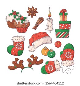 Vector sketching illustrations. Christmas elements collection. Each object can be changed and moved for your design.