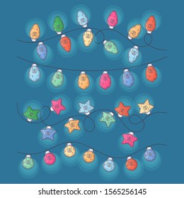 Vector sketching illustrations. Christmas garland with flashlights collection. Each object can be changed and moved for your design.