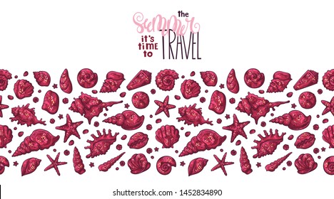 Vector sketching illustrations. Different types of seashells. Lettering: the summer it is time to travel. Isolated objects for your design. Each object can be changed and moved.
