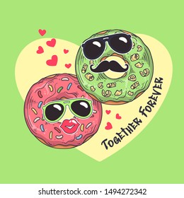 Vector sketching illustrations. Donuts with funny masks. Greeting card for valentines day. Each object can be changed and moved  for your design.