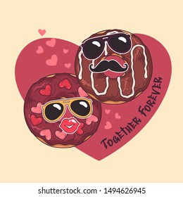 Vector sketching illustrations. Donuts with funny masks. Greeting card for valentines day. Each object can be changed and moved  for your design.