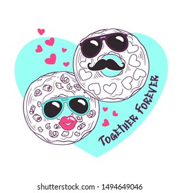 Vector sketching illustrations. Donuts with funny masks. Greeting card for valentines day. Each object can be changed and moved  for your design.