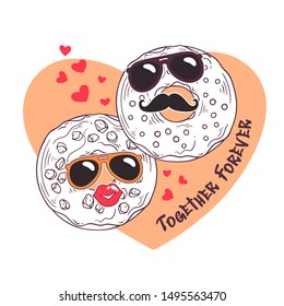 Vector sketching illustrations. Donuts with funny masks. Greeting card for valentines day. 
