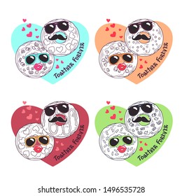 Vector sketching illustrations. Donuts with funny masks. Greeting card for valentines day. Each object can be changed and moved  for your design.