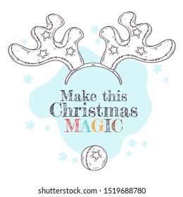 Vector sketching illustrations. Funny mask for the image of a reindeer: horns and a red nose. Greeting card for Christmas. Each object can be changed and moved for your design.