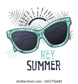 Vector sketching illustrations. Glasses in vintage style. Lettering: hey summer. Isolated objects for your design. Each object can be changed and moved.