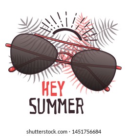 Vector sketching illustrations. Glasses in vintage style. Lettering: hey summer. Isolated objects for your design. Each object can be changed and moved.