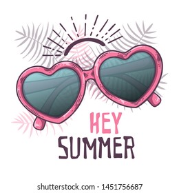 Vector sketching illustrations. Glasses in vintage style. Lettering: hey summer. Isolated objects for your design. Each object can be changed and moved.