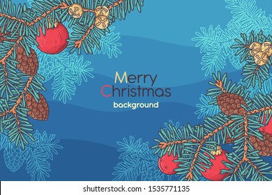 Vector sketching illustrations. Hand drawn Christmas background fir branches. Each object can be changed and moved for your design. 