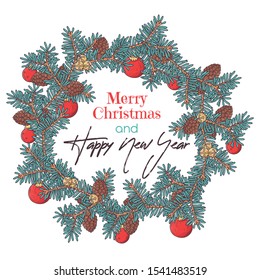 Vector sketching illustrations. Hand drawn Christmas wreath of fir branches. Each object can be changed and moved for your design.