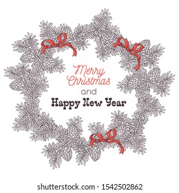Vector sketching illustrations. Hand drawn Christmas wreath of fir branches. Each object can be changed and moved for your design.