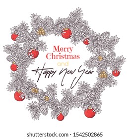 Vector sketching illustrations. Hand drawn Christmas wreath of fir branches. Each object can be changed and moved for your design.
