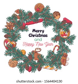 Vector sketching illustrations. Hand drawn Christmas wreath of fir branches with sweets. Each object can be changed and moved for your design.