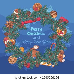 Vector sketching illustrations. Hand drawn Christmas wreath of fir branches with sweets. Each object can be changed and moved for your design.