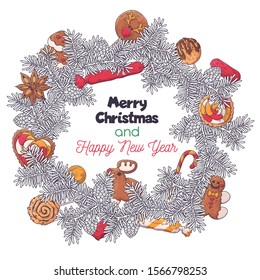 Vector sketching illustrations. Hand drawn Christmas wreath of fir branches with sweets. Each object can be changed and moved for your design.