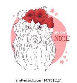 Vector sketching illustrations. Portrait of collie dog with a wreath of poppies. Isolated objects for your design. Each object can be changed and moved.