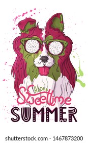 Vector sketching illustrations. Portrait of a cute dog in glasses under the effect of dragon fruit. Isolated objects for your design. Each object can be changed and moved.