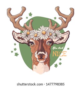 Vector sketching illustrations. Portrait of deer with a wreath of daisies. Isolated objects for your design. Each object can be changed and moved.