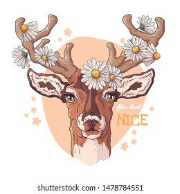 Vector sketching illustrations. Portrait of deer with daisies. Isolated objects for your design. Each object can be changed and moved.