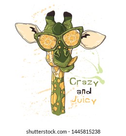 Vector sketching illustrations. Portrait of a funny giraffe in glasses under the effect of pineapple. Isolated objects for your design. Each object can be changed and moved.