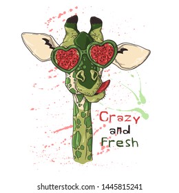 Vector sketching illustrations. Portrait of a funny giraffe in glasses under the effect of watermelon. Isolated objects for your design. Each object can be changed and moved.