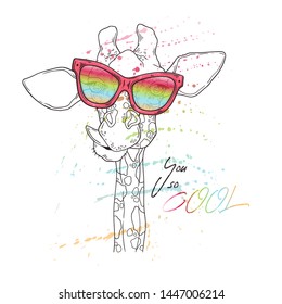 Vector sketching illustrations. Portrait of funny giraffe in glasses with dark lenses. Isolated objects for your design. Each object can be changed and moved.