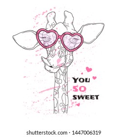Vector sketching illustrations. Portrait of funny giraffe in custom glasses. Isolated objects for your design. Each object can be changed and moved.
