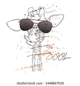 Vector sketching illustrations. Portrait of funny giraffe in custom glasses. Isolated objects for your design. Each object can be changed and moved.