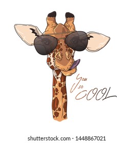 Vector sketching illustrations. Portrait of funny giraffe in glasses with dark lenses. Isolated objects for your design. Each object can be changed and moved.