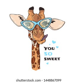 Vector sketching illustrations. Portrait of funny giraffe in custom glasses. Isolated objects for your design. Each object can be changed and moved.