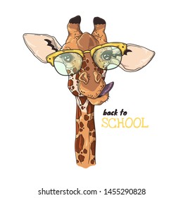 Vector sketching illustrations. Portrait of funny giraffe in custom glasses. Isolated objects for your design. Each object can be changed and moved.