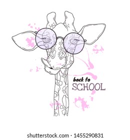 Vector sketching illustrations. Portrait of funny giraffe in custom glasses. Isolated objects for your design. Each object can be changed and moved.