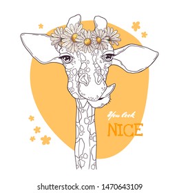 Vector sketching illustrations. Portrait of funny giraffe with a wreath of daisies. Isolated objects for your design. Each object can be changed and moved.